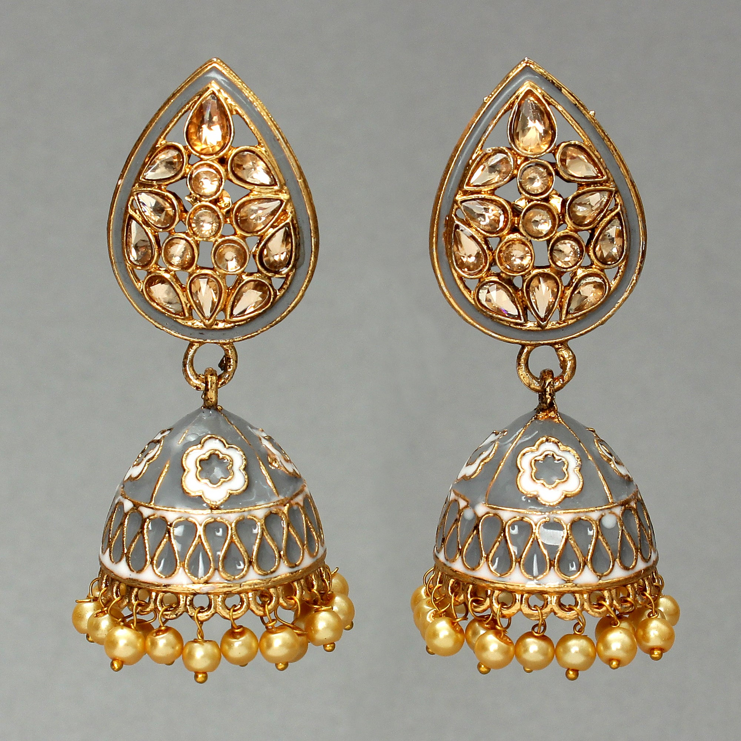 Grey enamelled drop shaped polki earrings