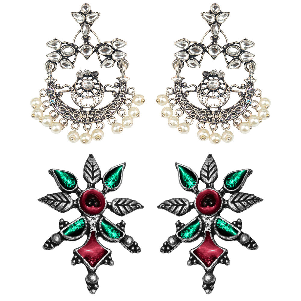 StylishKudi Oxidised Silver Stud & Chandbali Earrings Combo Set for Women&girl