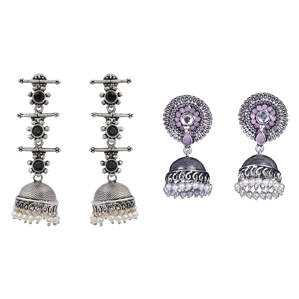 Royal Triple Bell Layered Jhumka Earring (Black) Evergreen earrings (Baby Pink) Combo set