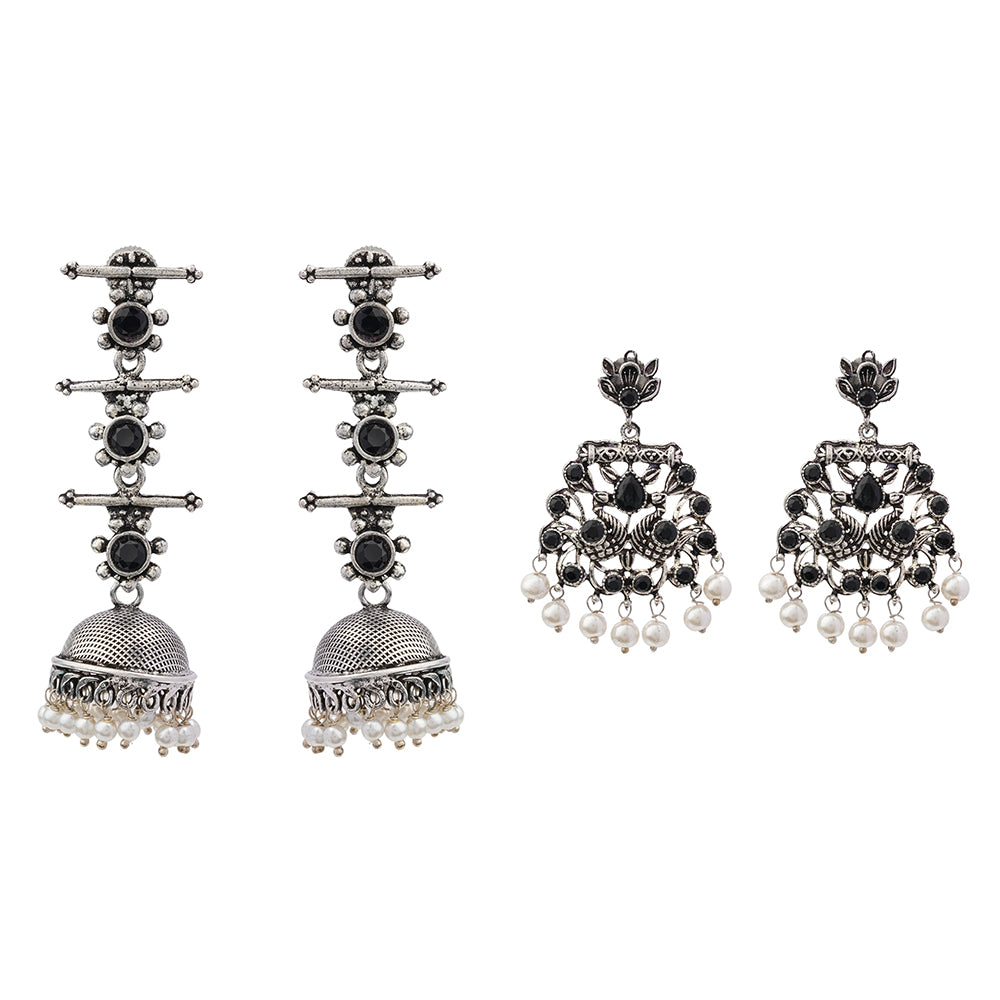 Royal Triple Bell Layered Jhumka Earring (Black) Peacock glow stone studded dangler earrings (Black) Combo set