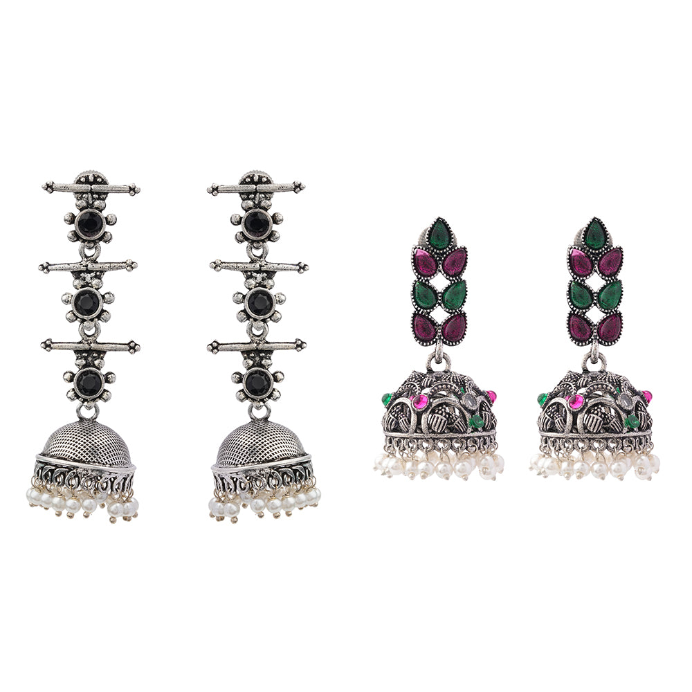 Royal Triple Bell Layered Jhumka Earring (Black) Leaf Cascade jhumki earrings (Multicolored) Combo set