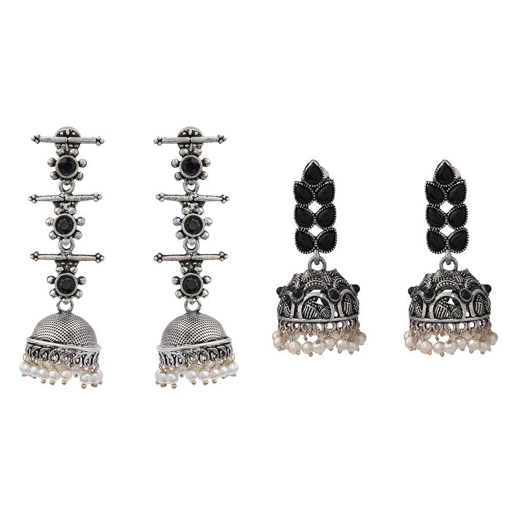 Royal Triple Bell Layered Jhumka Earring (Black) Leaf Cascade jhumki earrings (Black) Combo set