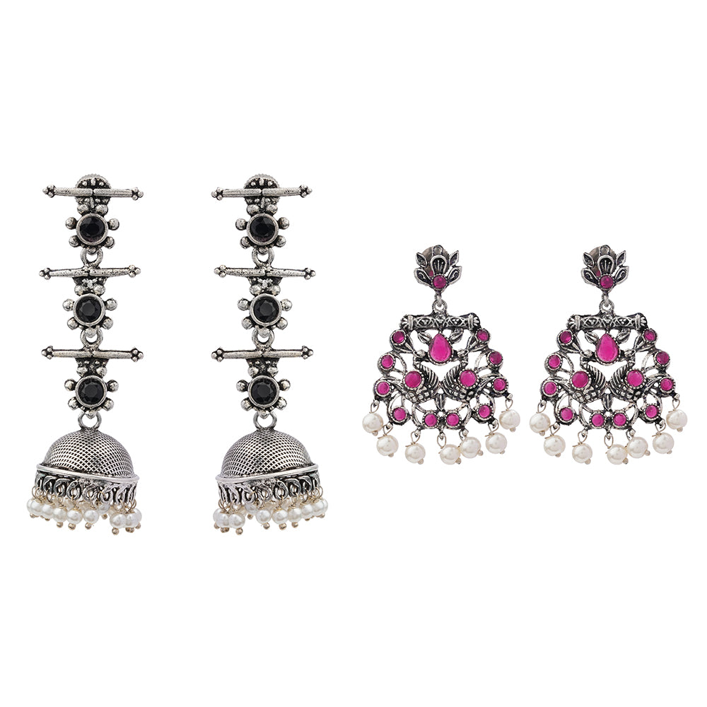 Royal Triple Bell Layered Jhumka Earring (Black) Peacock glow stone studded dangler earrings (Red) Combo set