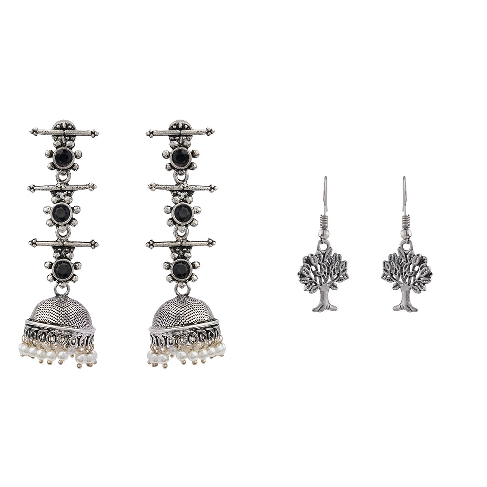 Royal Triple Bell Layered Jhumka Earring (Black) Roots of elegance dangler earrings (Silver) Combo set