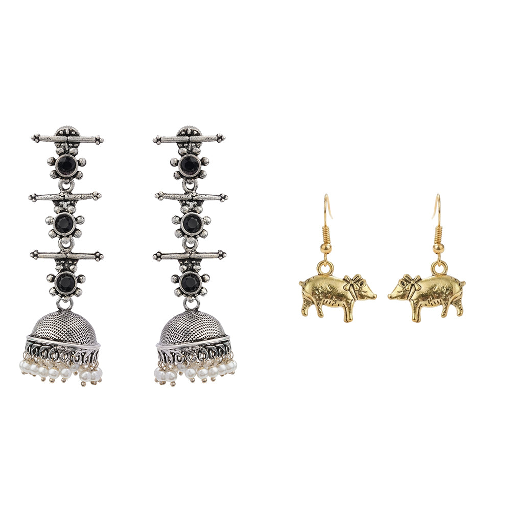 Royal Triple Bell Layered Jhumka Earring (Black) piggy dangler earrings Combo set