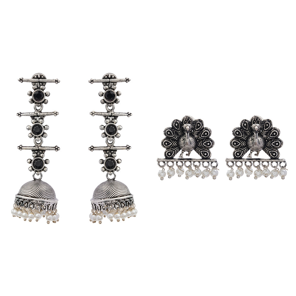 Royal Triple Bell Layered Jhumka Earring (Black) Meena Manjari stone stud earrings (Silver) Combo set