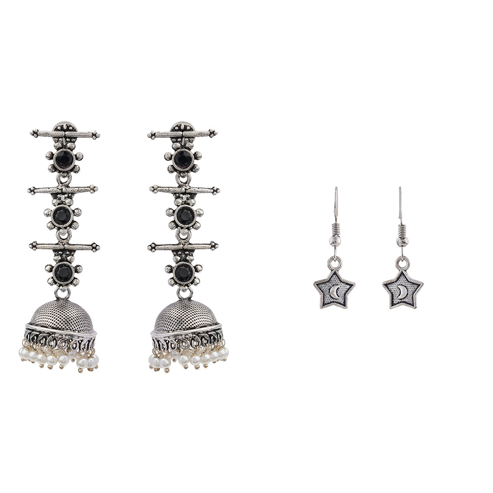 Royal Triple Bell Layered Jhumka Earring (Black) You're a star dangler earrings (Silver) Combo set