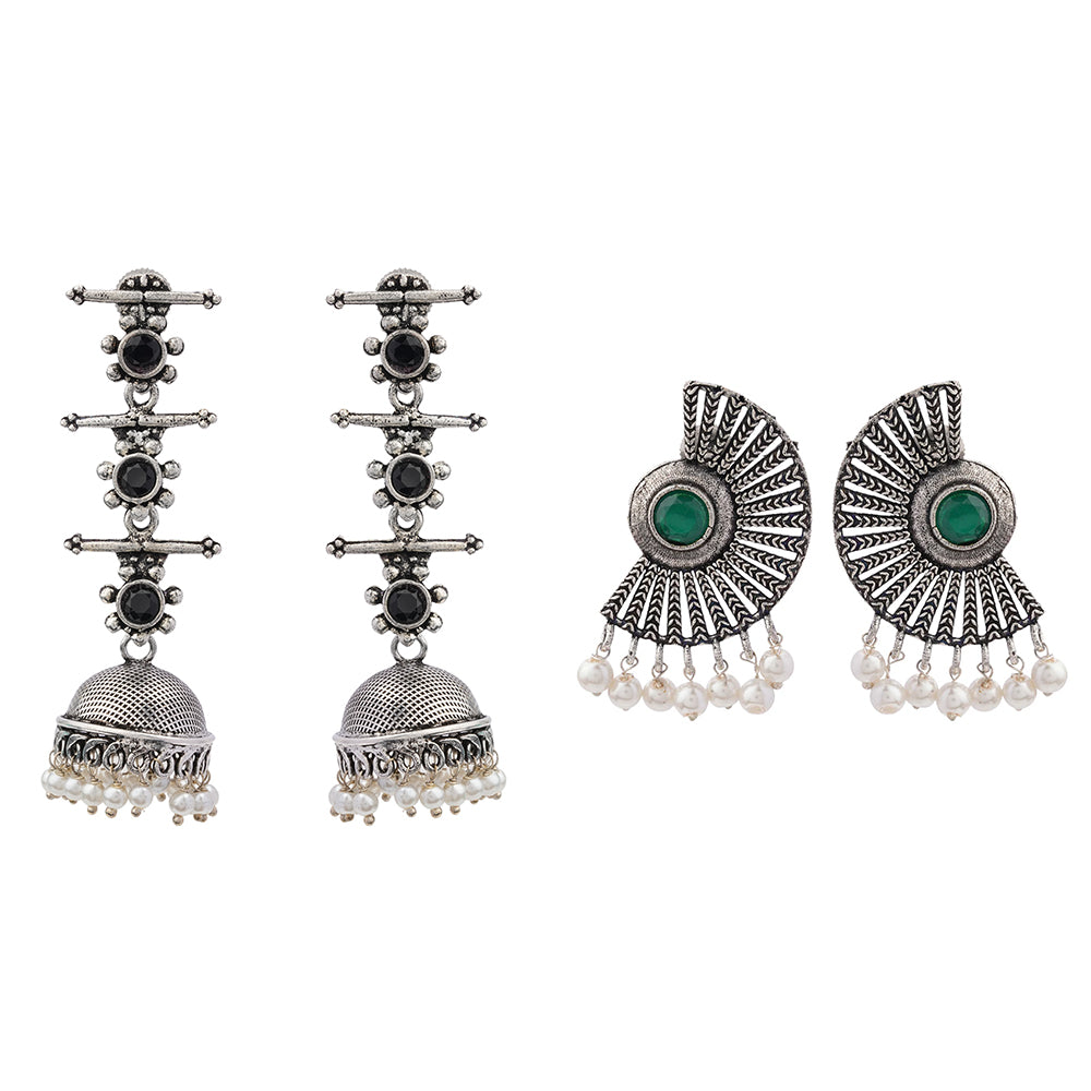 Royal Triple Bell Layered Jhumka Earring (Black) Bloom Arc pearl stud earring (Green) Combo set