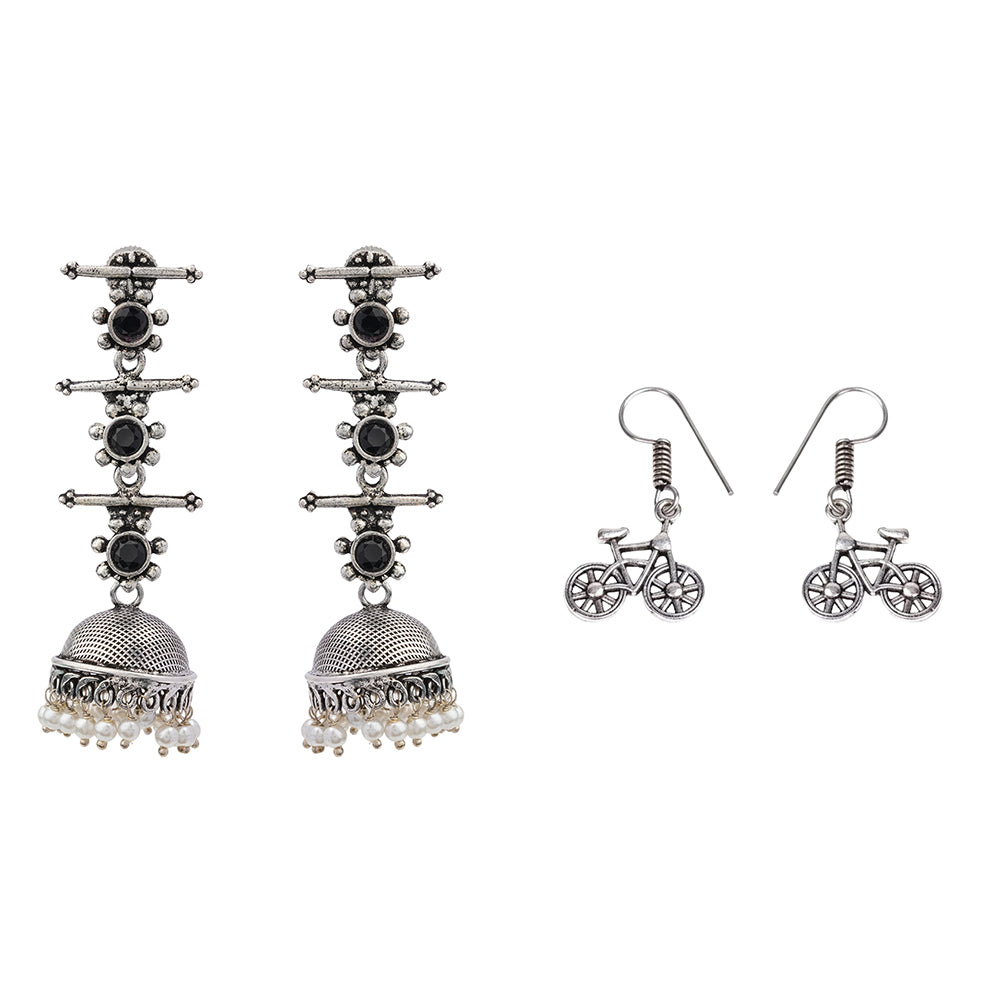 Royal Triple Bell Layered Jhumka Earring (Black) Cycle Charm Dangler earrings (Silver) Combo set