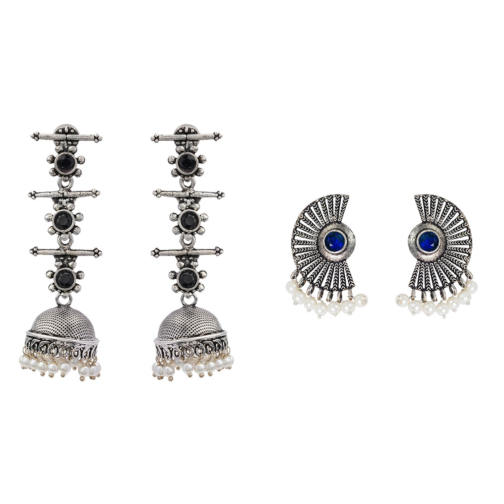 Royal Triple Bell Layered Jhumka Earring (Black) Bloom Arc pearl stud earring (Blue) Combo set