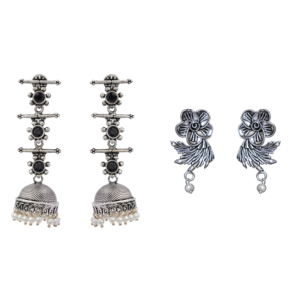 Royal Triple Bell Layered Jhumka Earring (Black) Floral Swirl stud earrings (Silver) Combo set