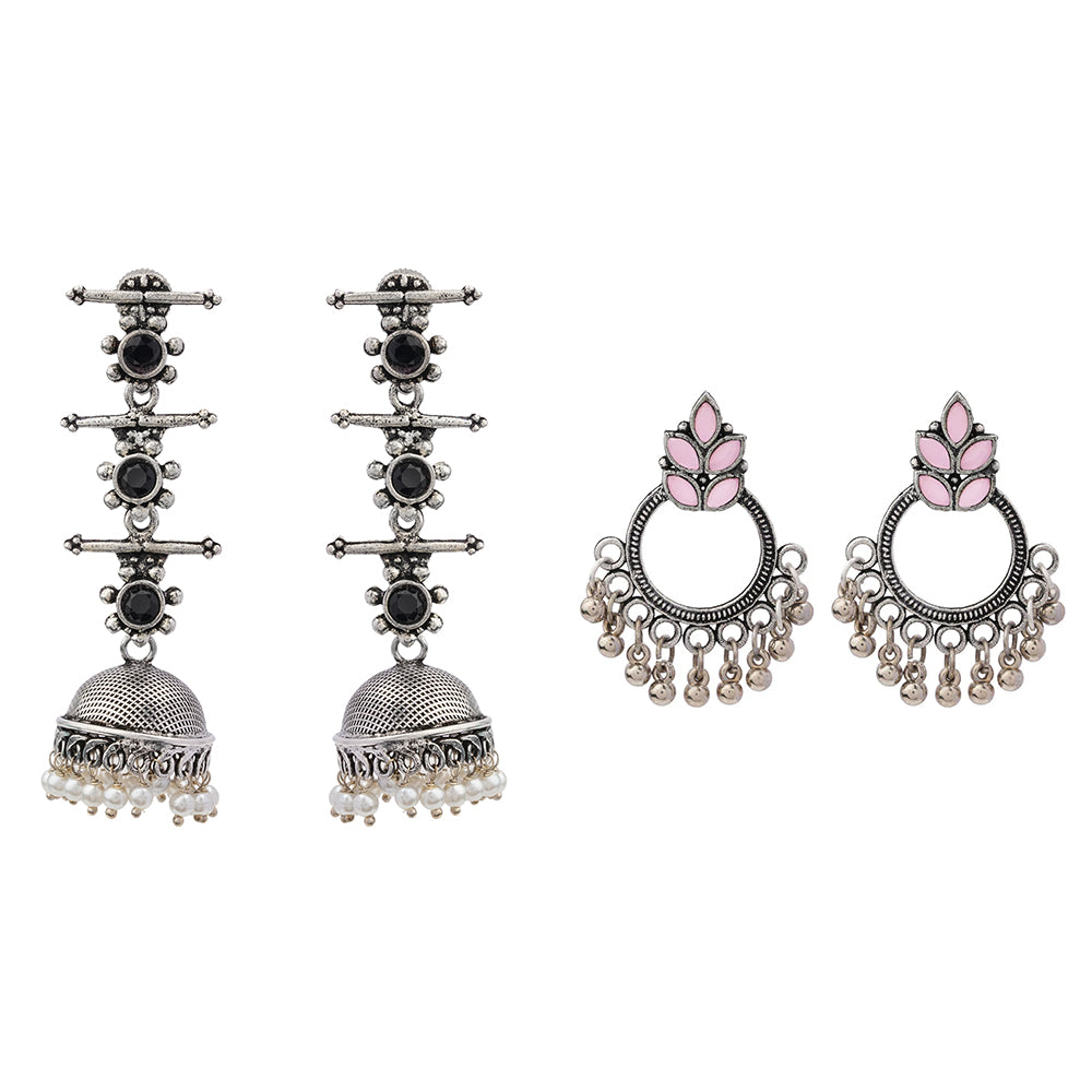 Royal Triple Bell Layered Jhumka Earring (Black) Fine Shine stud earrings (Baby Pink) Combo set