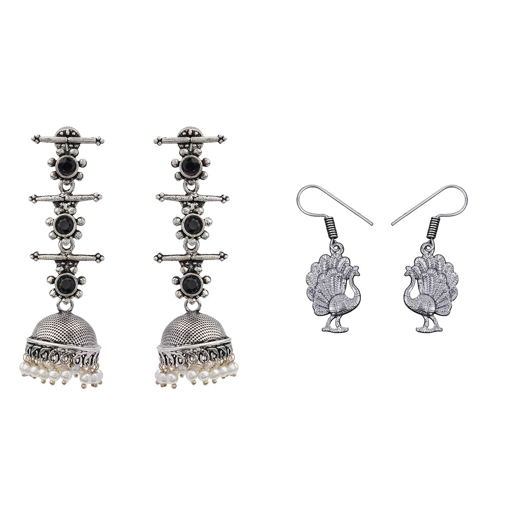 Royal Triple Bell Layered Jhumka Earring (Black) Peacock royale dangler earrings (Silver) Combo set