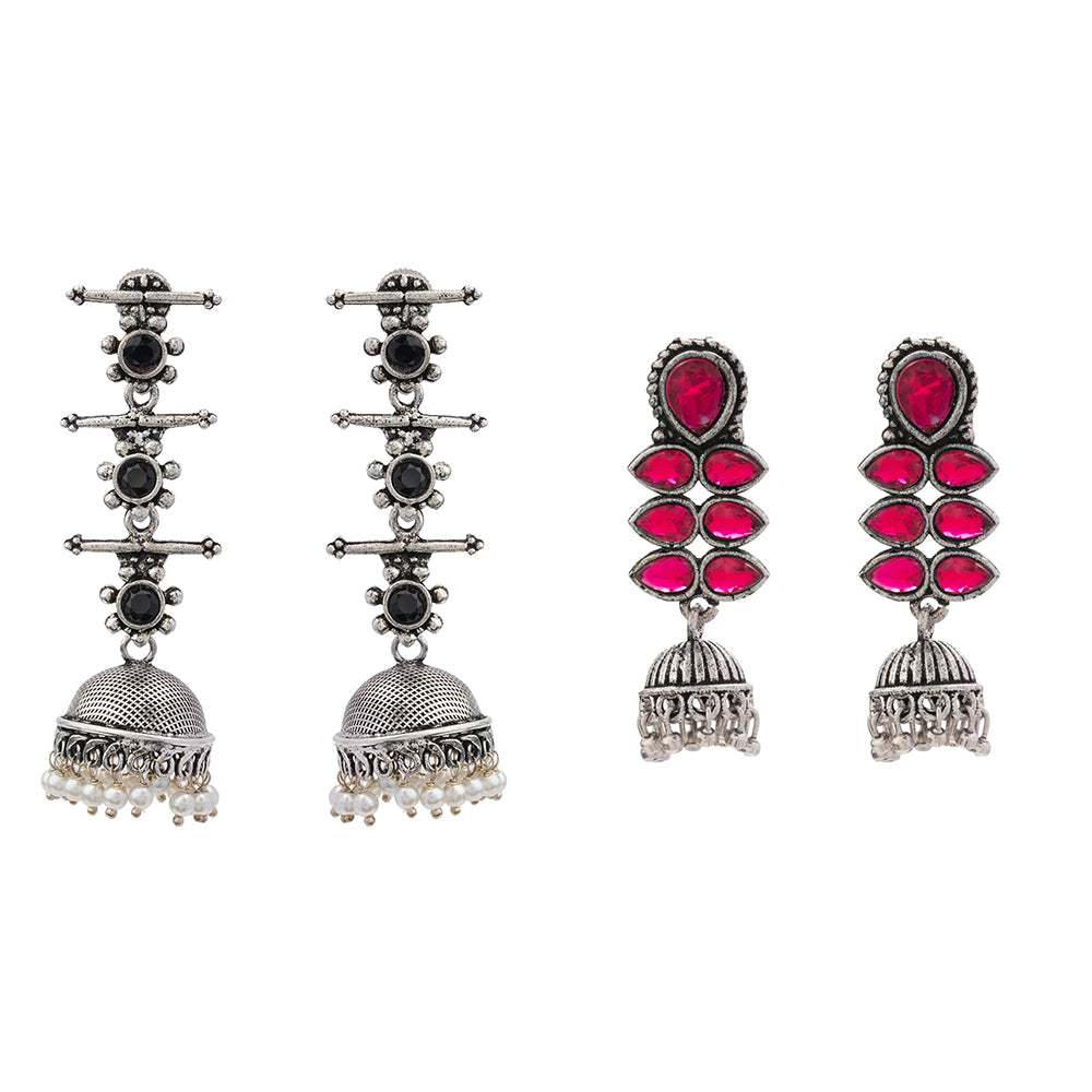 Royal Triple Bell Layered Jhumka Earring (Black) Dazzle Dash Jhumki earring (Red) Combo set