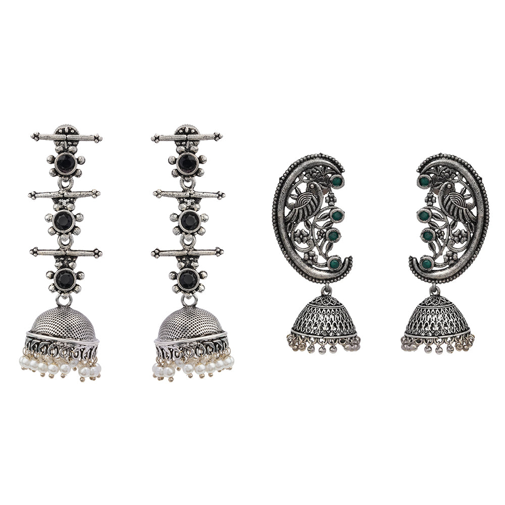Royal Triple Bell Layered Jhumka Earring (Black) Moon-lit Mayur Jhumki earrings (Green) Combo set