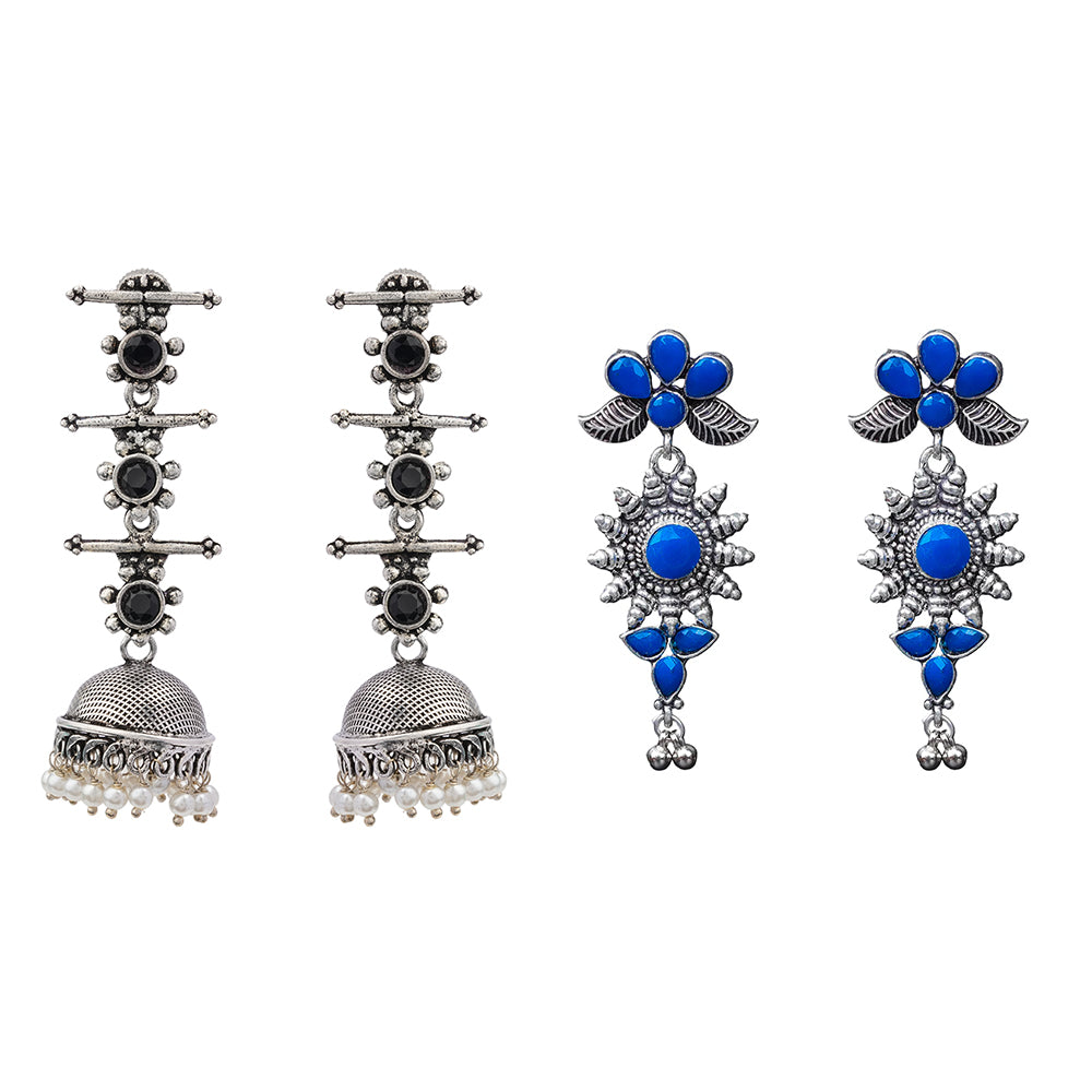 Royal Triple Bell Layered Jhumka Earring (Black) FloraSun dangler earrings (Blue) Combo set