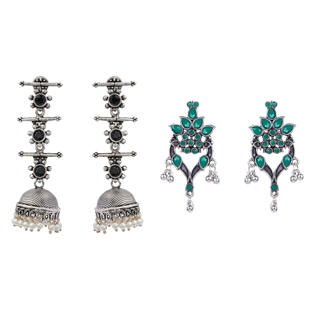 Royal Triple Bell Layered Jhumka Earring (Black) Tint and Twinkle earrings (Green) Combo set