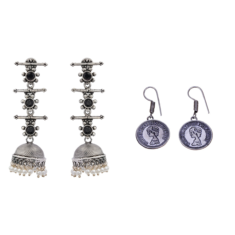Royal Triple Bell Layered Jhumka Earring (Black) Crown Jewel dangler earrings (Silver) Combo set