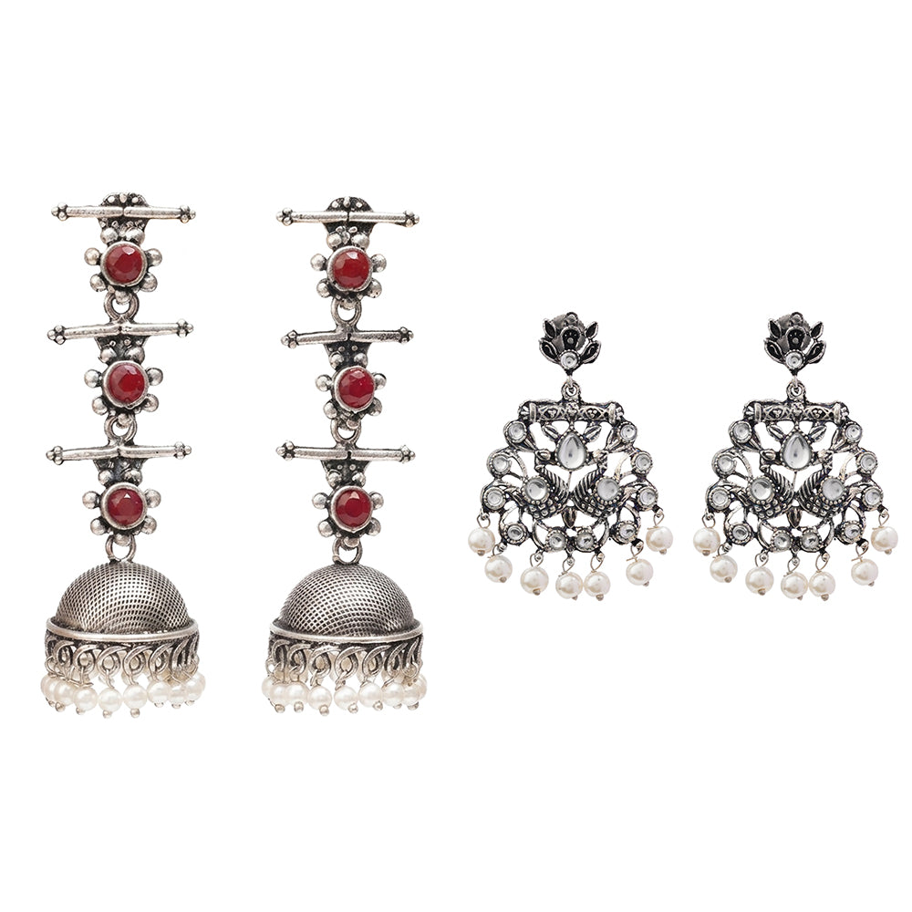 Royal Triple Bell Layered Jhumka Earring (Dark Maroon) Peacock glow stone studded dangler earrings (White) Combo set