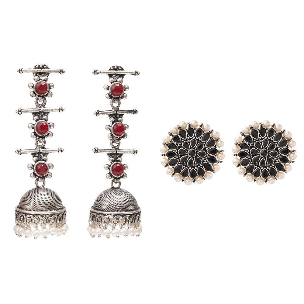 Royal Triple Bell Layered Jhumka Earring (Dark Maroon) Desi Diva stud earring (Black) Combo set