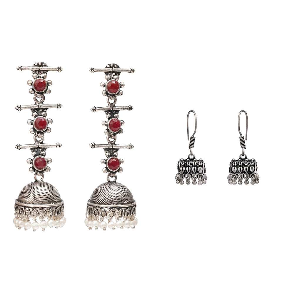 Royal Triple Bell Layered Jhumka Earring (Dark Maroon) Tiny Twinkle jhumki earring (Silver) Combo set