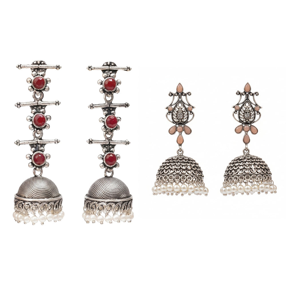 Royal Triple Bell Layered Jhumka Earring (Dark Maroon) Kalash Kamal earring (Light Orange) Combo set