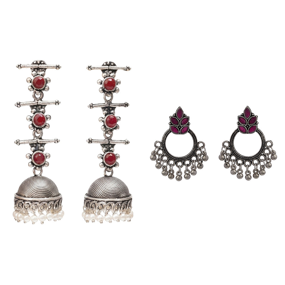 Royal Triple Bell Layered Jhumka Earring (Dark Maroon) Fine Shine stud earrings (Red) Combo set