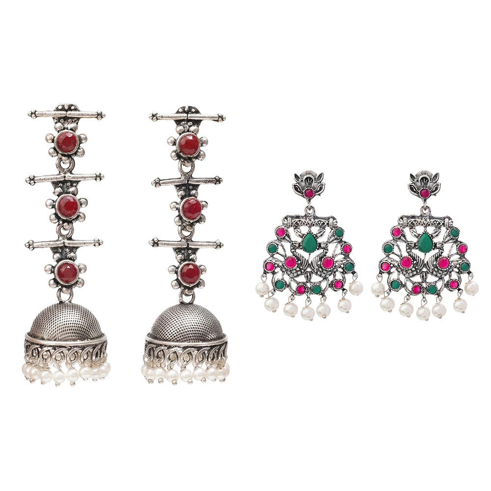 Royal Triple Bell Layered Jhumka Earring (Dark Maroon) Peacock glow stone studded dangler earrings (Multicolored) Combo set