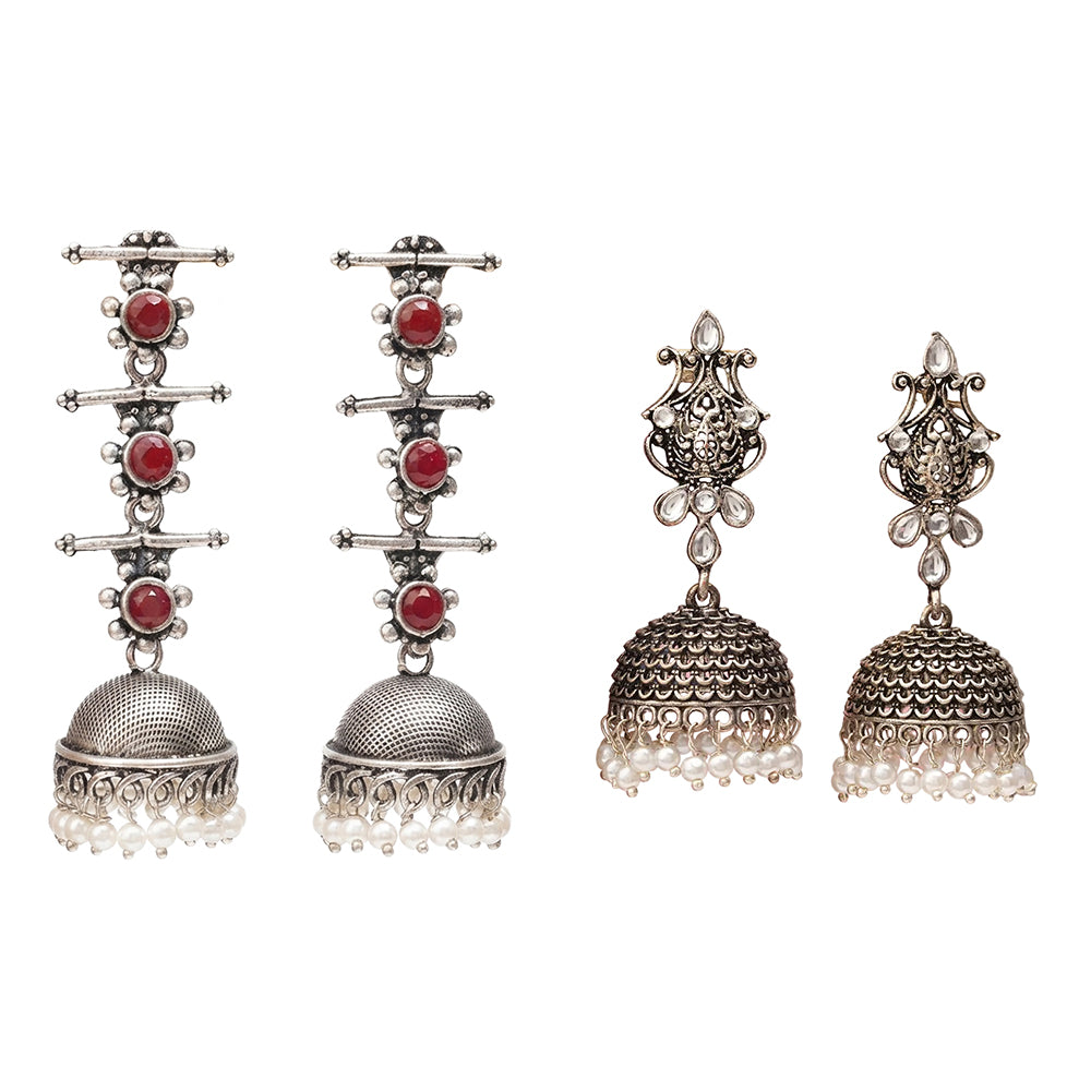 Royal Triple Bell Layered Jhumka Earring (Dark Maroon) Kalash Kamal earring (White) Combo set