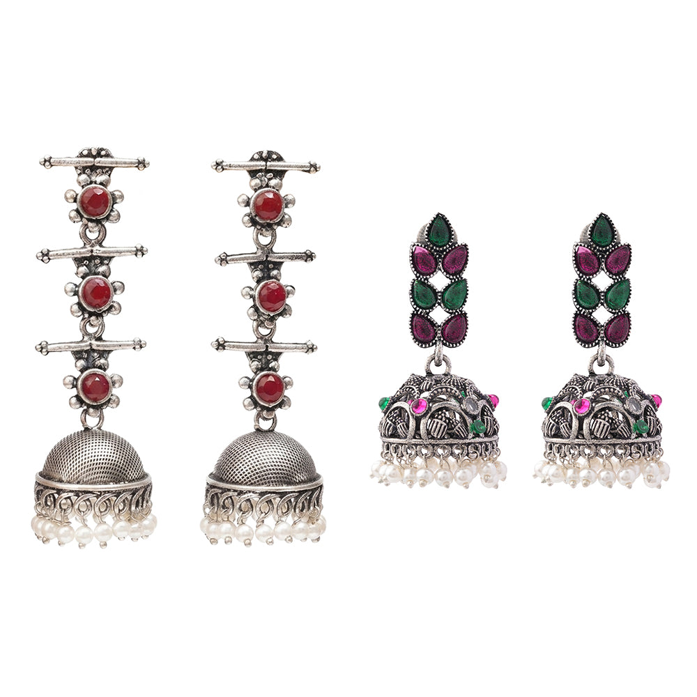 Royal Triple Bell Layered Jhumka Earring (Dark Maroon) Leaf Cascade jhumki earrings (Multicolored) Combo set