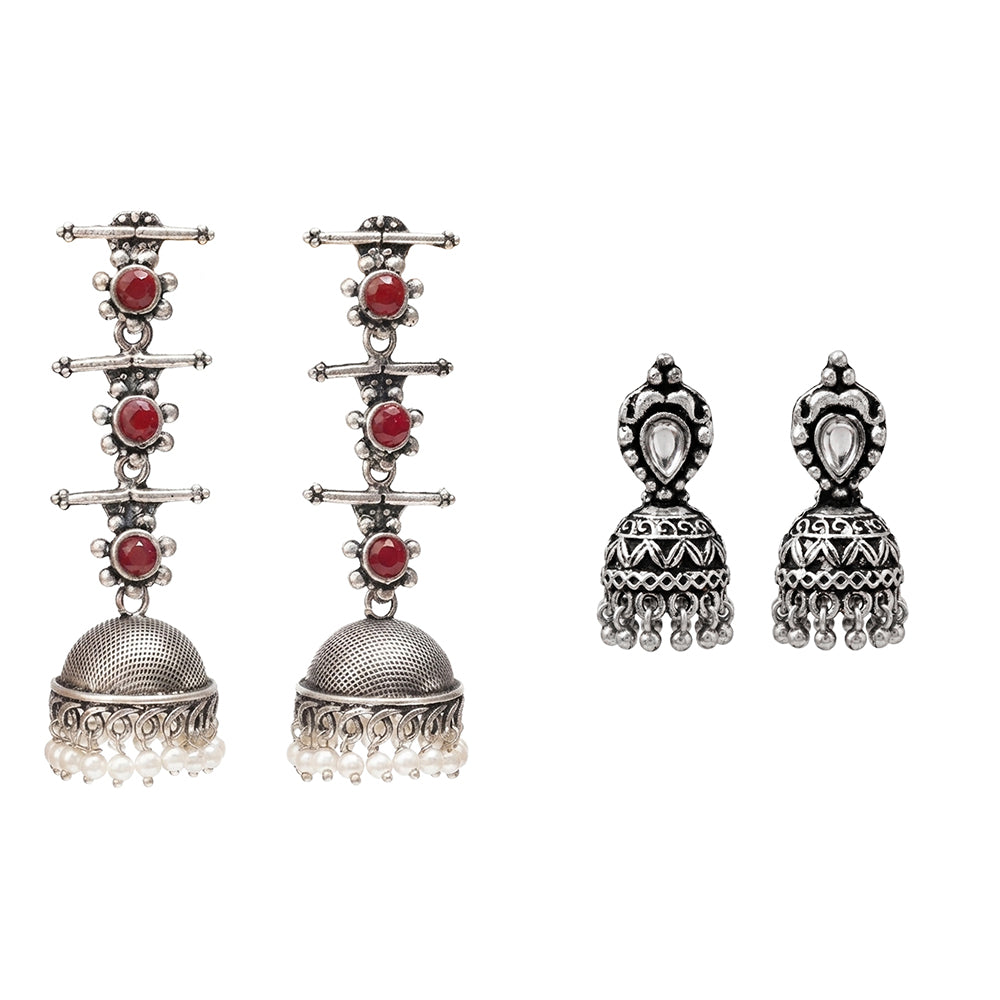 Royal Triple Bell Layered Jhumka Earring (Dark Maroon) Jharokha stone studded jhumki earring (White) Combo set