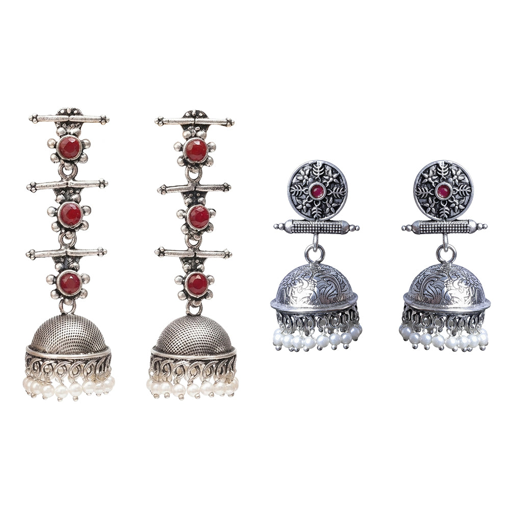 Royal Triple Bell Layered Jhumka Earring (Dark Maroon) Charmbell earrings (Red) Combo set