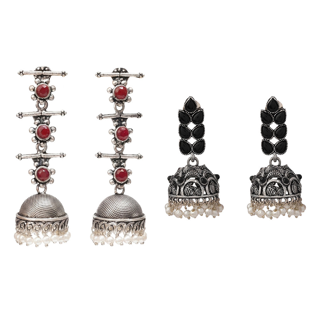 Royal Triple Bell Layered Jhumka Earring (Dark Maroon) Leaf Cascade jhumki earrings (Black) Combo set