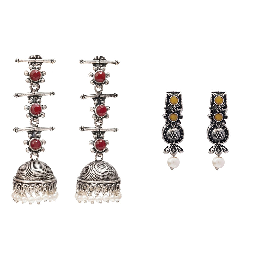 Royal Triple Bell Layered Jhumka Earring (Dark Maroon) Wonderful wildflower oxidised stud earrings (Yellow) Combo set