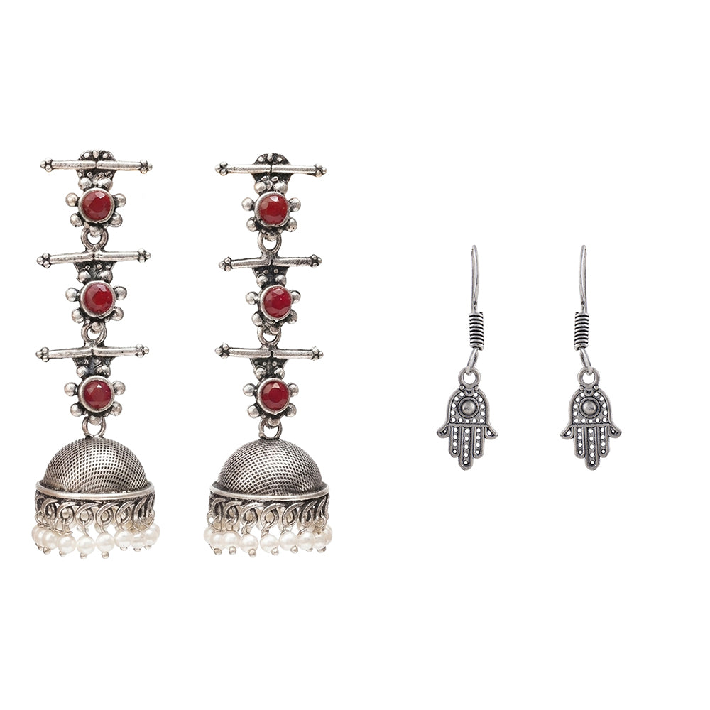 Royal Triple Bell Layered Jhumka Earring (Dark Maroon) Evil Eye guard dangler earrings (Silver) Combo set