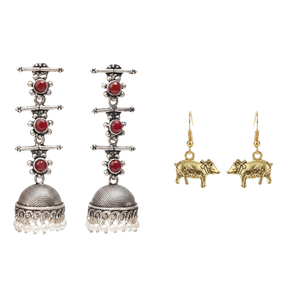 Royal Triple Bell Layered Jhumka Earring (Dark Maroon) piggy dangler earrings Combo set