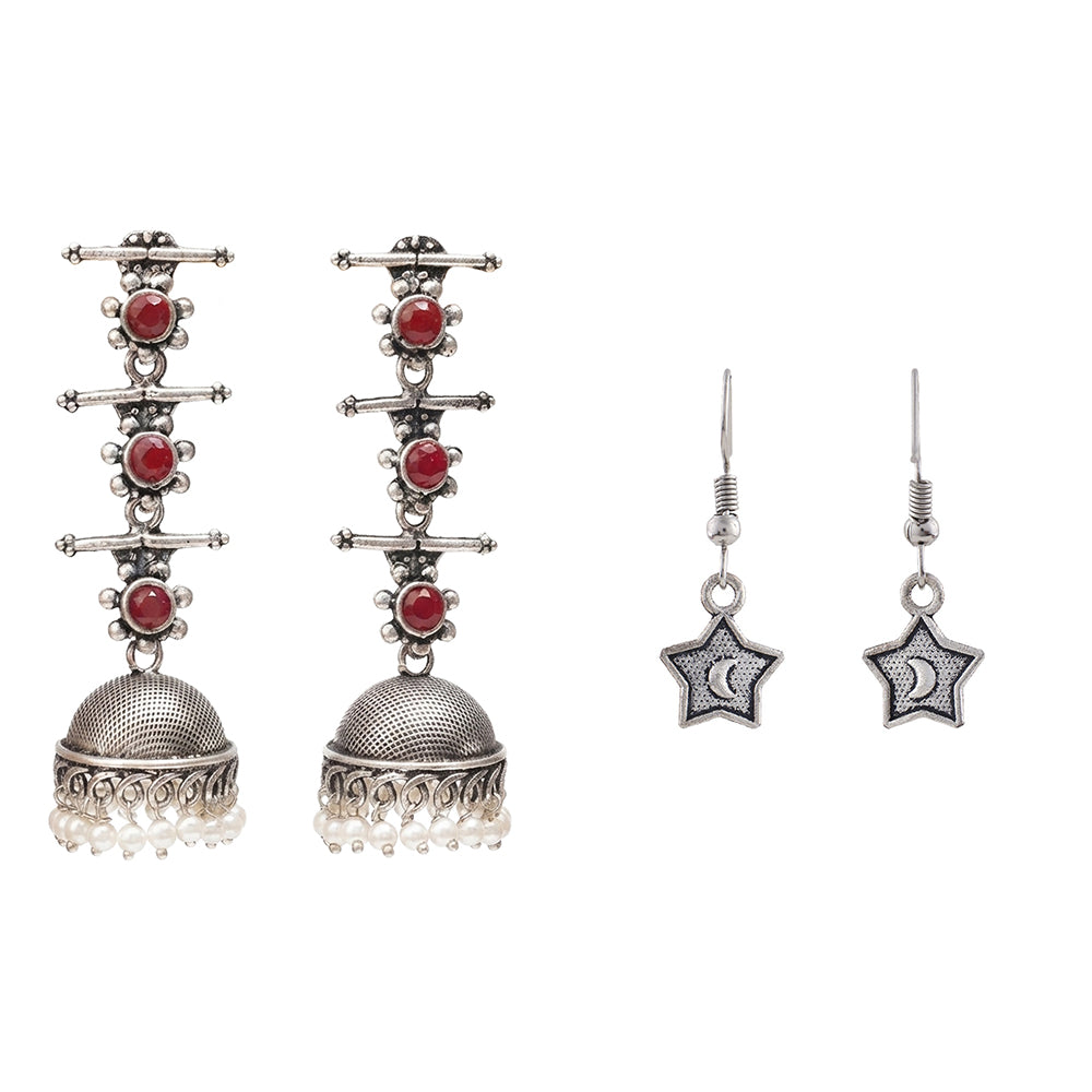 Royal Triple Bell Layered Jhumka Earring (Dark Maroon) You're a star dangler earrings (Silver) Combo set