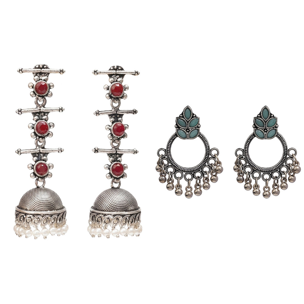Royal Triple Bell Layered Jhumka Earring (Dark Maroon) Fine Shine stud earrings (Mint) Combo set