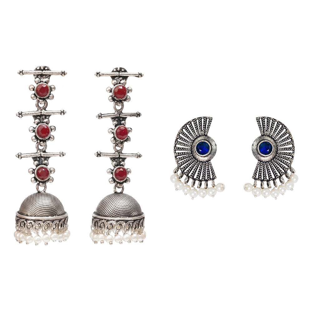 Royal Triple Bell Layered Jhumka Earring (Dark Maroon) Bloom Arc pearl stud earring (Blue) Combo set