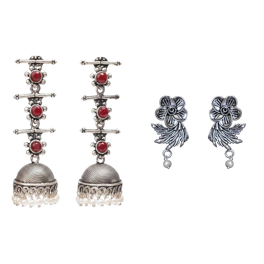 Royal Triple Bell Layered Jhumka Earring (Dark Maroon) Floral Swirl stud earrings (Silver) Combo set