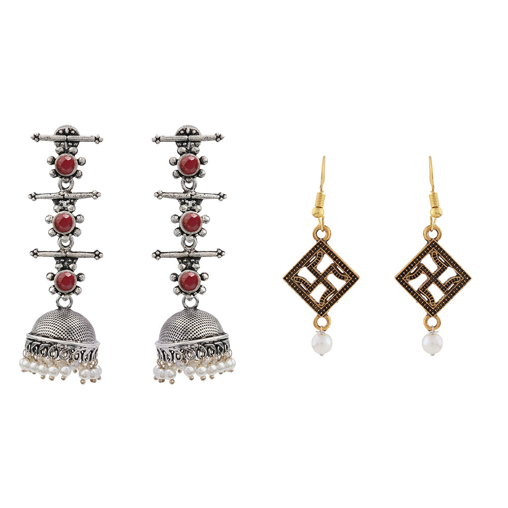 Royal Triple Bell Layered Jhumka Earring (Dark Maroon) Swastik shaped dangler earrings Combo set
