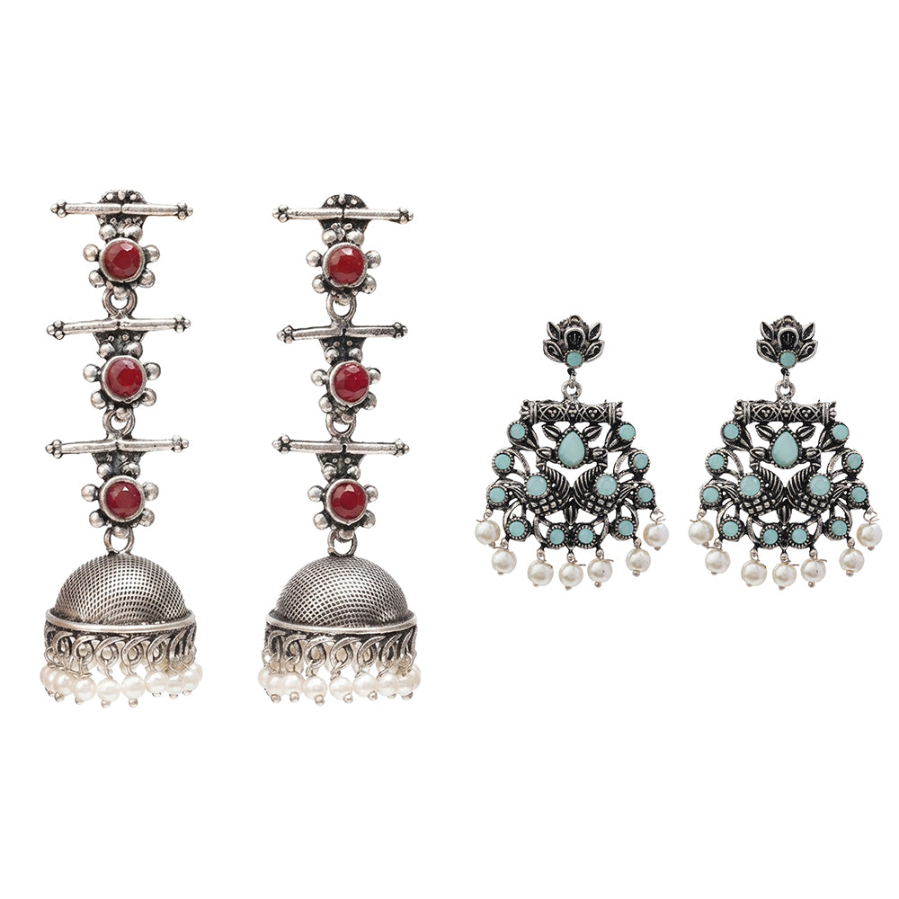 Royal Triple Bell Layered Jhumka Earring (Dark Maroon) Peacock glow stone studded dangler earrings (Mint) Combo set