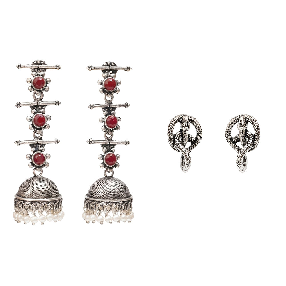 Royal Triple Bell Layered Jhumka Earring (Dark Maroon) Swirly snake oxidised stud earrings (Silver) Combo set