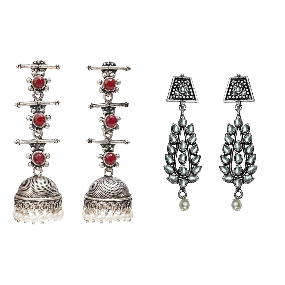 Royal Triple Bell Layered Jhumka Earring (Dark Maroon) Precious Petal stone studded dangler earring (White) Combo set