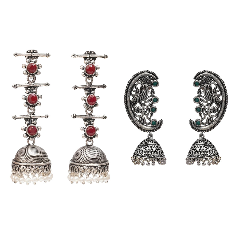 Royal Triple Bell Layered Jhumka Earring (Dark Maroon) Moon-lit Mayur Jhumki earrings (Green) Combo set
