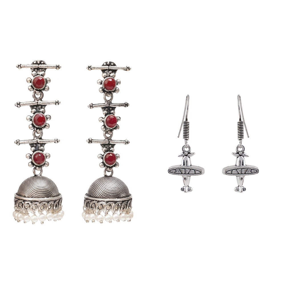 Royal Triple Bell Layered Jhumka Earring (Dark Maroon) Skyward Grace dangler earrings (Silver) Combo set