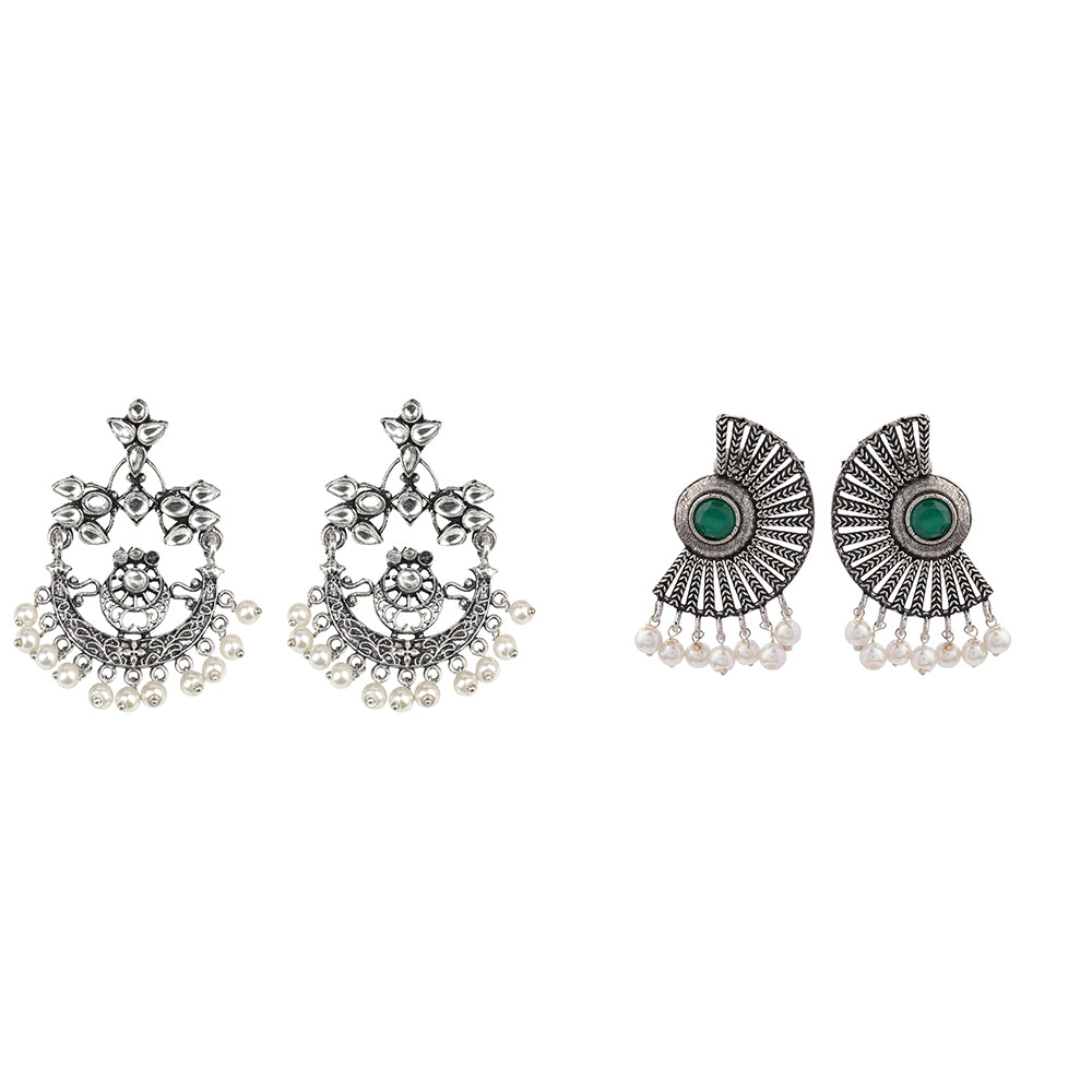 Carved Charm Dangler earrings (White) Bloom Arc pearl stud earring (Green) Combo set