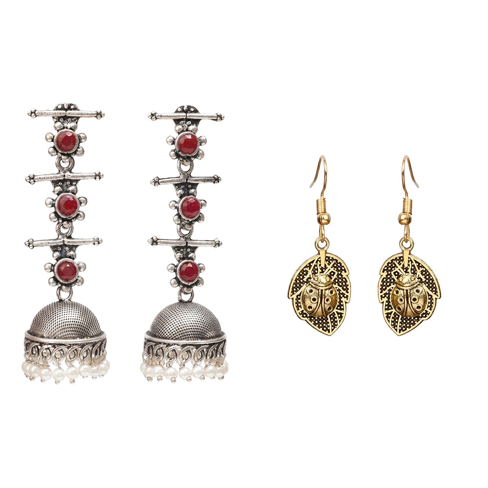 Royal Triple Bell Layered Jhumka Earring (Dark Maroon) Beetle bling dangler earrings Combo set