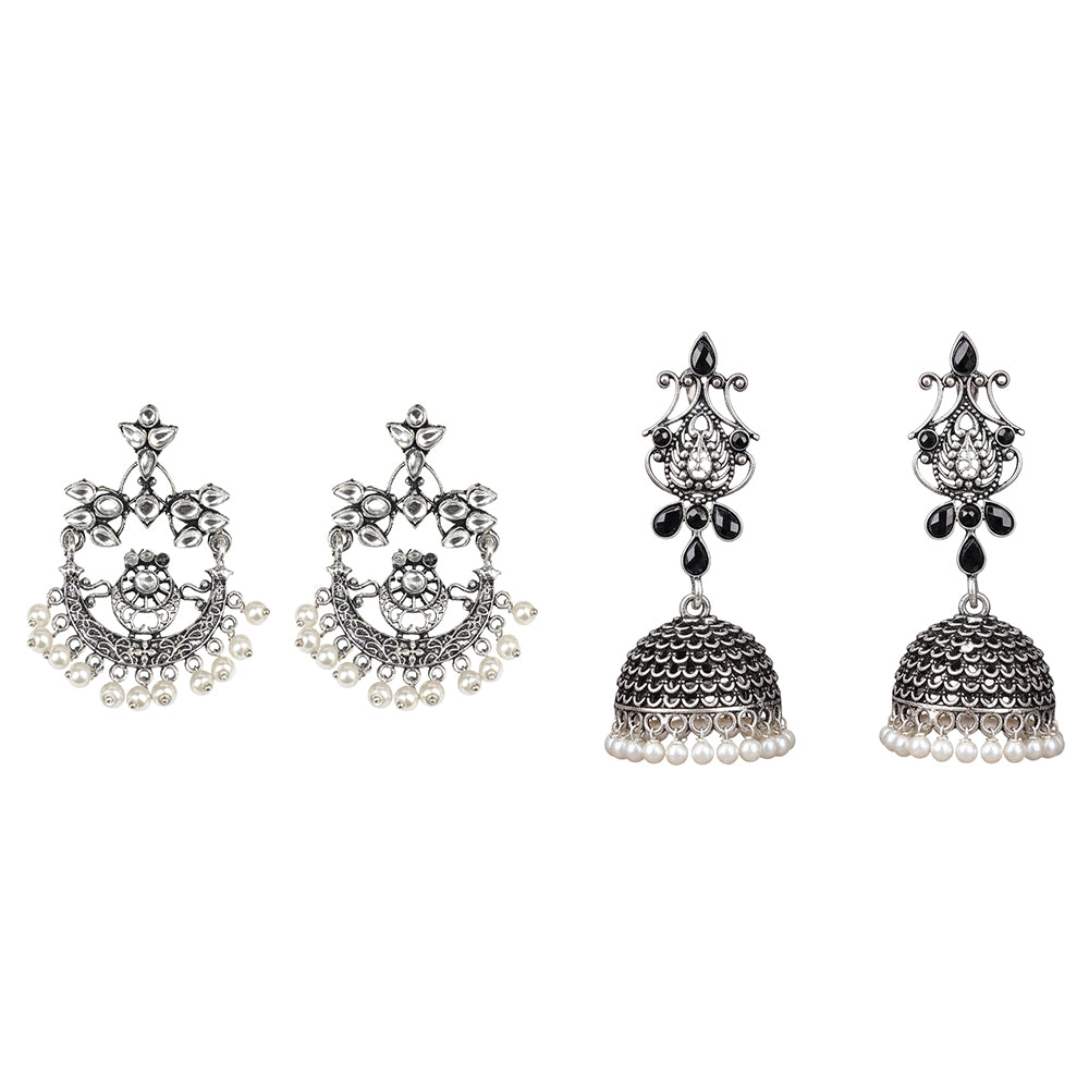 Carved Charm Dangler earrings (White) Kalash Kamal earring (Black) Combo set