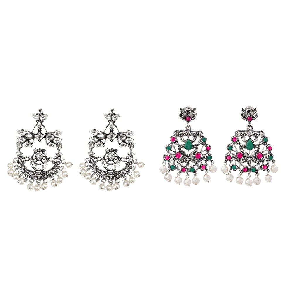 Carved Charm Dangler earrings (White) Peacock glow stone studded dangler earrings (Multicolored) Combo set